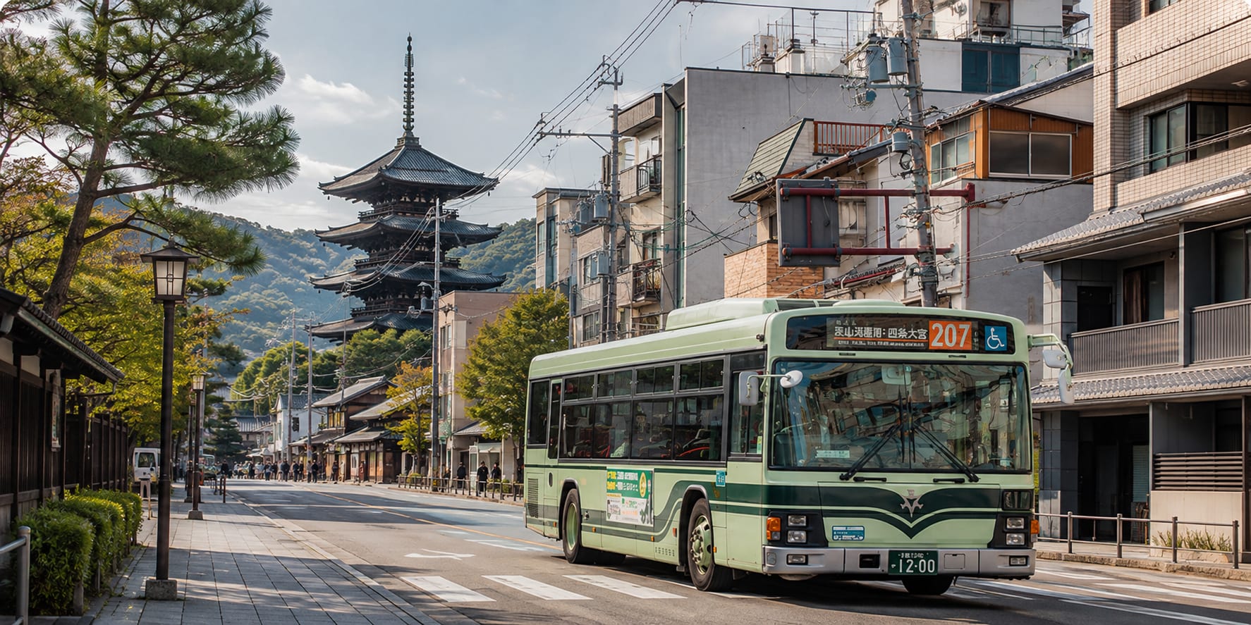 Kyoto city bus route 207 on a street near Yasaka Pagoda, Japan
